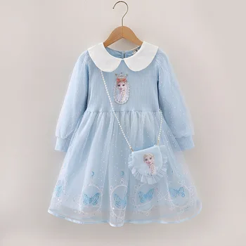 Платье принцессы для девочек, детское новое мультяшное простое платье чистого цвета + маленькая сумка, осенний костюм, юбка с длинным рукавом, одежда для дня рождения ребенка