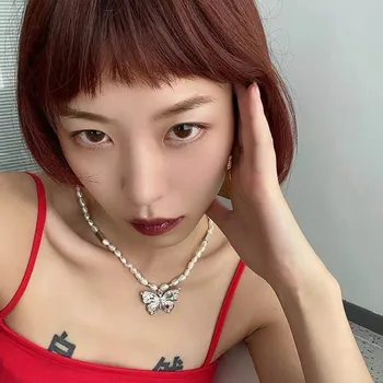 весенний новый Корейский нишевый пресноводный жемчуг бабочка кулон ожерелье девушка панк крутая цепочка на ключицу для модных женщин