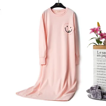 Женская осенняя новая хлопковая ночная рубашка с круглым вырезом и улыбающимся выражением лица, пижама с длинными рукавами, Ультра Свободная одежда для беременных, один размер